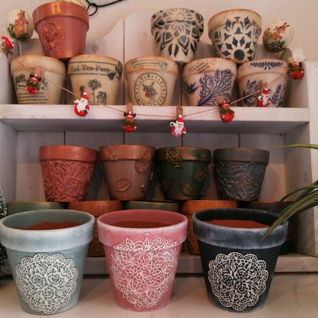 E-23f. 3号 素焼きリメ鉢 レース アンティーク 多肉植物