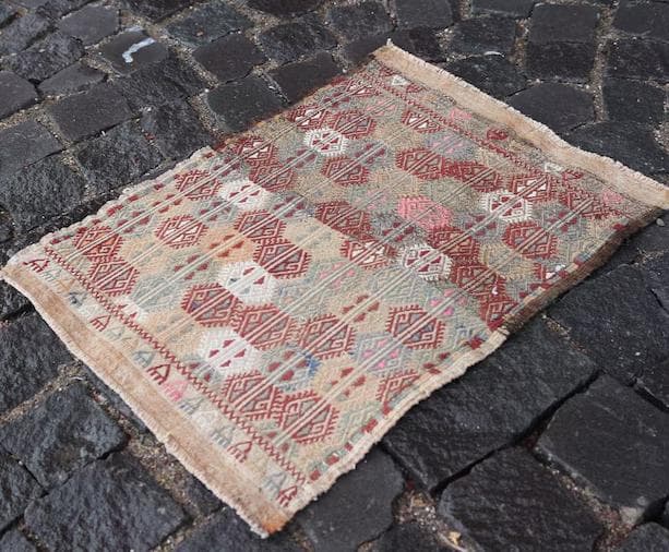 トルコ ヴィンテージラグ 955 レア ベージュ ブルー ピンク オールドキリム