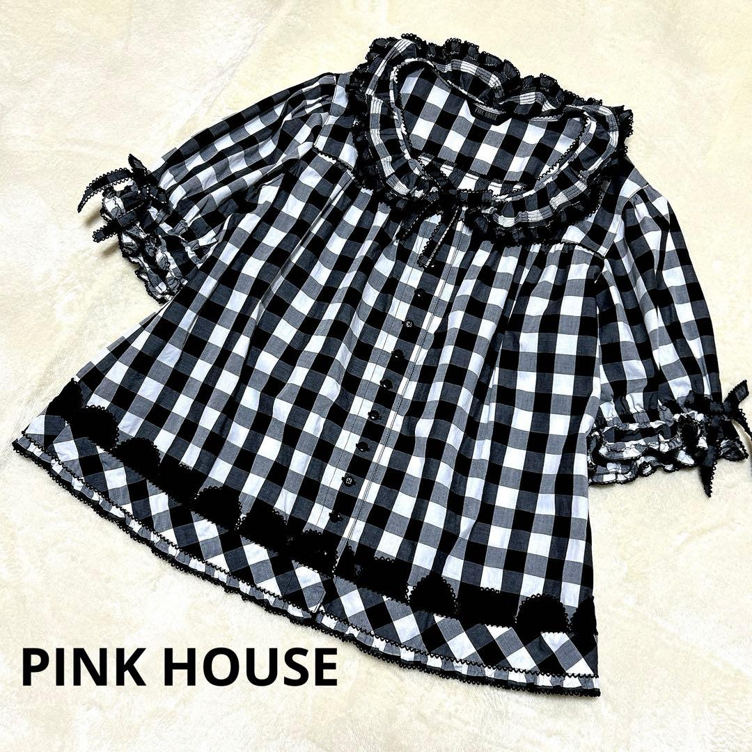 ピンクハウス　ギンガムチェック　ブラウス　ピコフリル　リボン　試着のみ【Ｐ34】