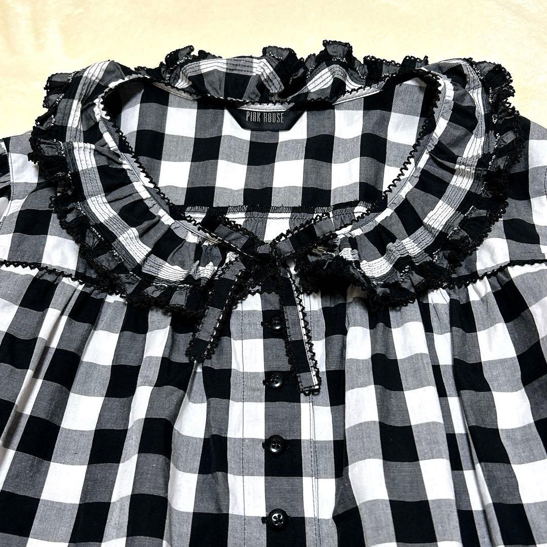 ピンクハウス　ギンガムチェック　ブラウス　ピコフリル　リボン　試着のみ【Ｐ34】