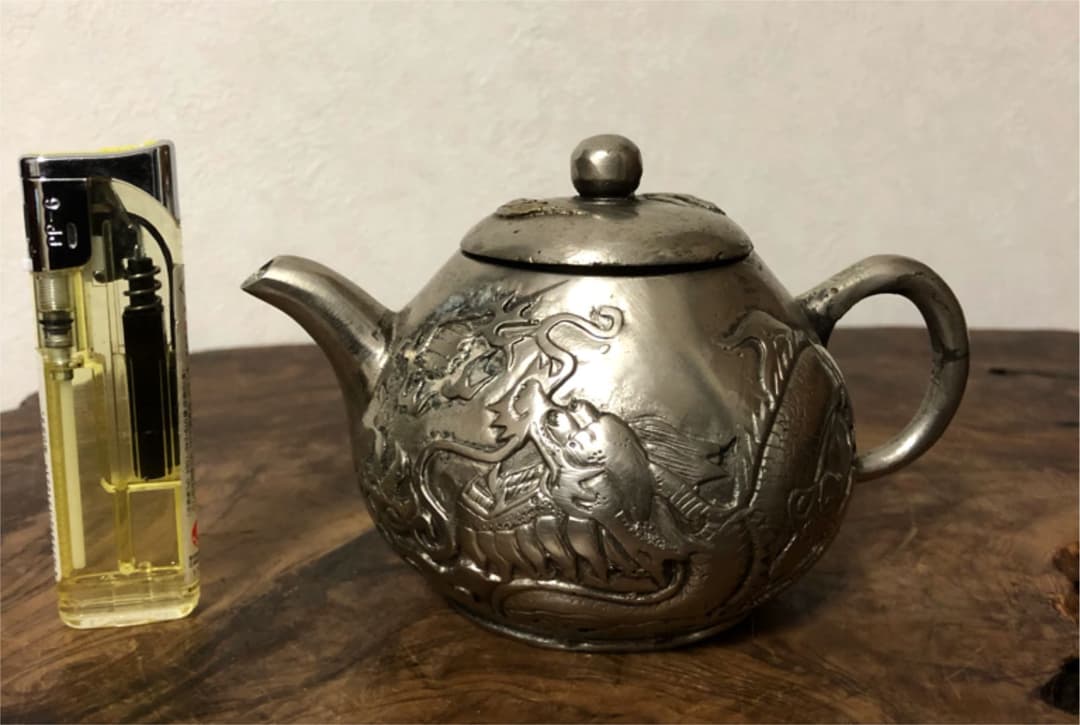 中国美術 古白銅 急須 五本爪龍遊刻 436㌘