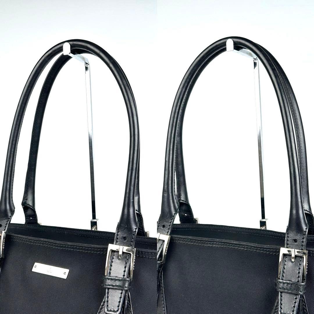 美品■グッチ トートバッグ ロゴプレート シルバー金具 キャンバス レザー 黒