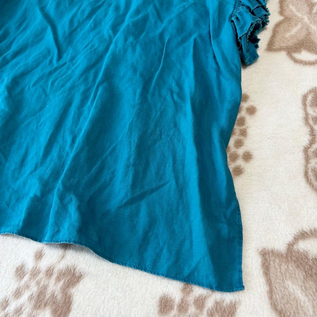 ハウスオブロータス フリル袖 リネン プルオーバー ブラウス ブルー 麻