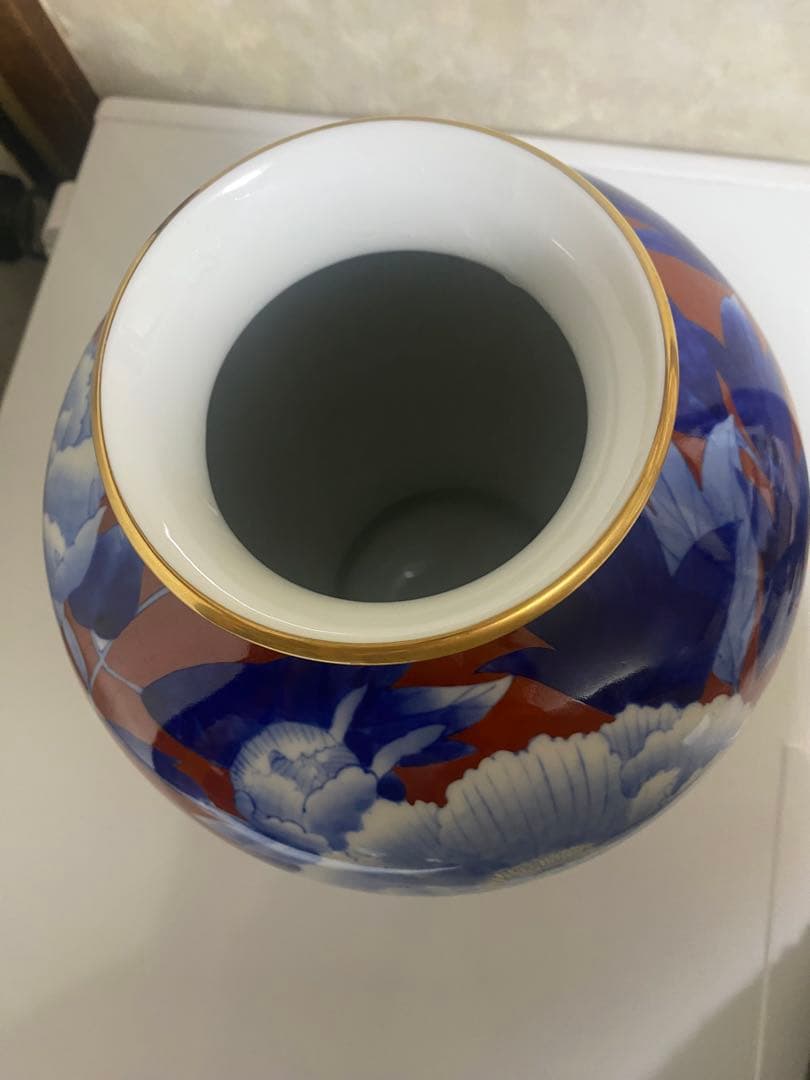 深川製磁 花瓶 牡丹 外赤 金彩 花活　金彩