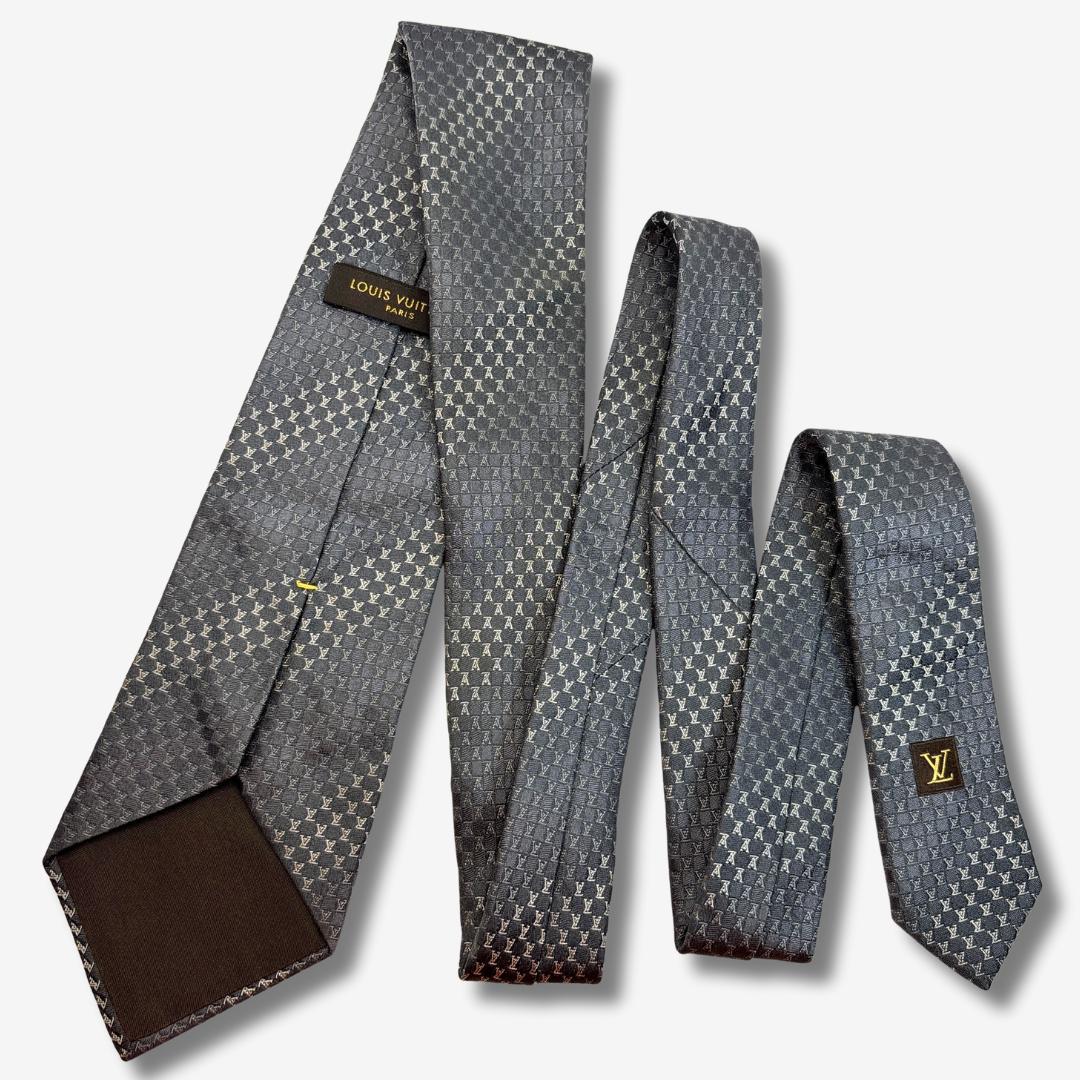 LOUIS VUITTON シルクネクタイ LVロゴ 格子柄 グレー