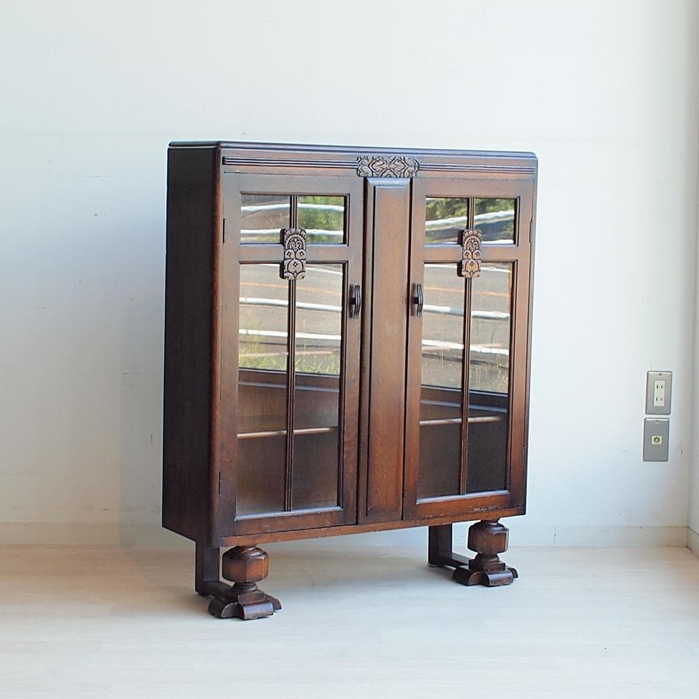 英国アンティーク ガラス扉のキャビネット オーク材 収納 本棚 飾り棚