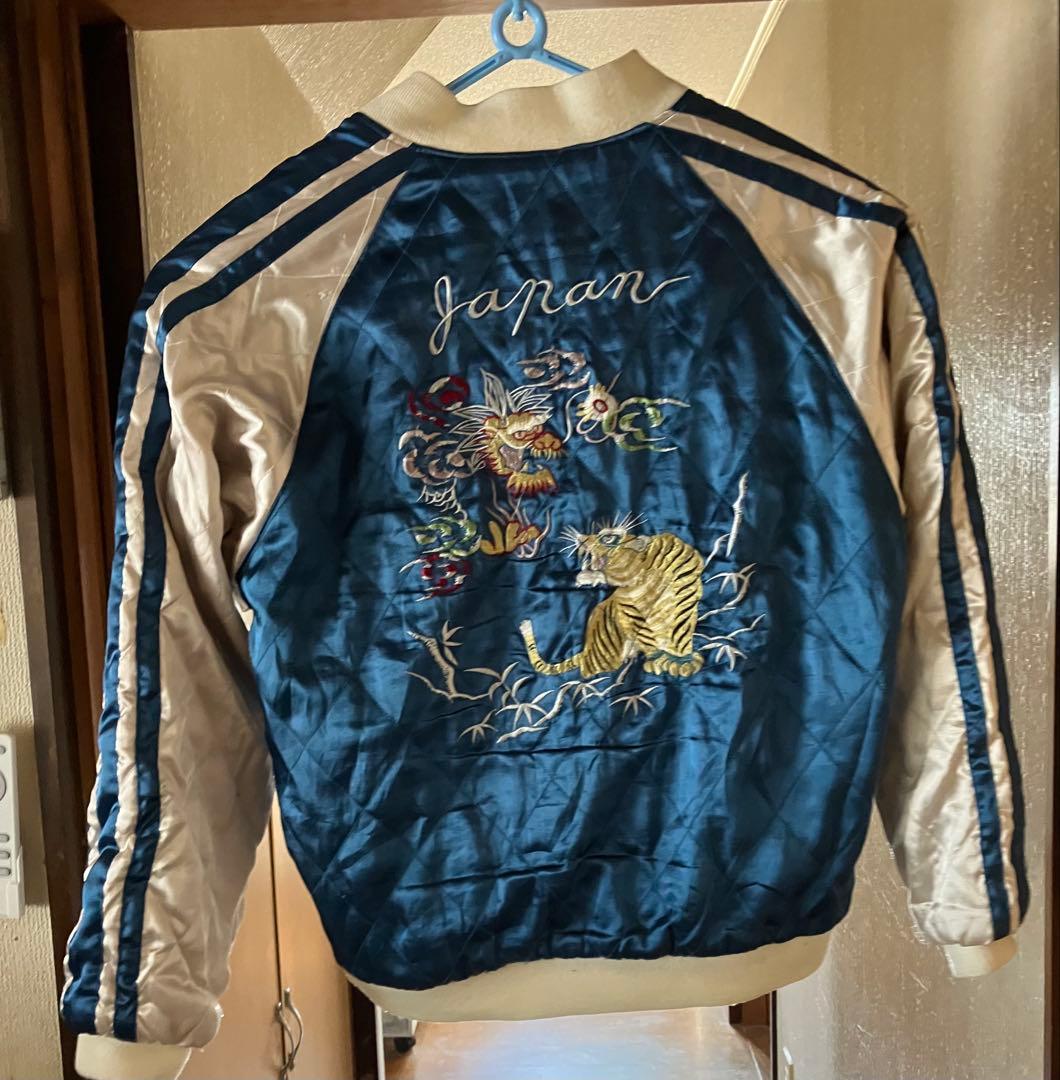 リバーシブルOpen Dich スカジャン ベロア 刺黒地 龍 ブルー虎刺繍M