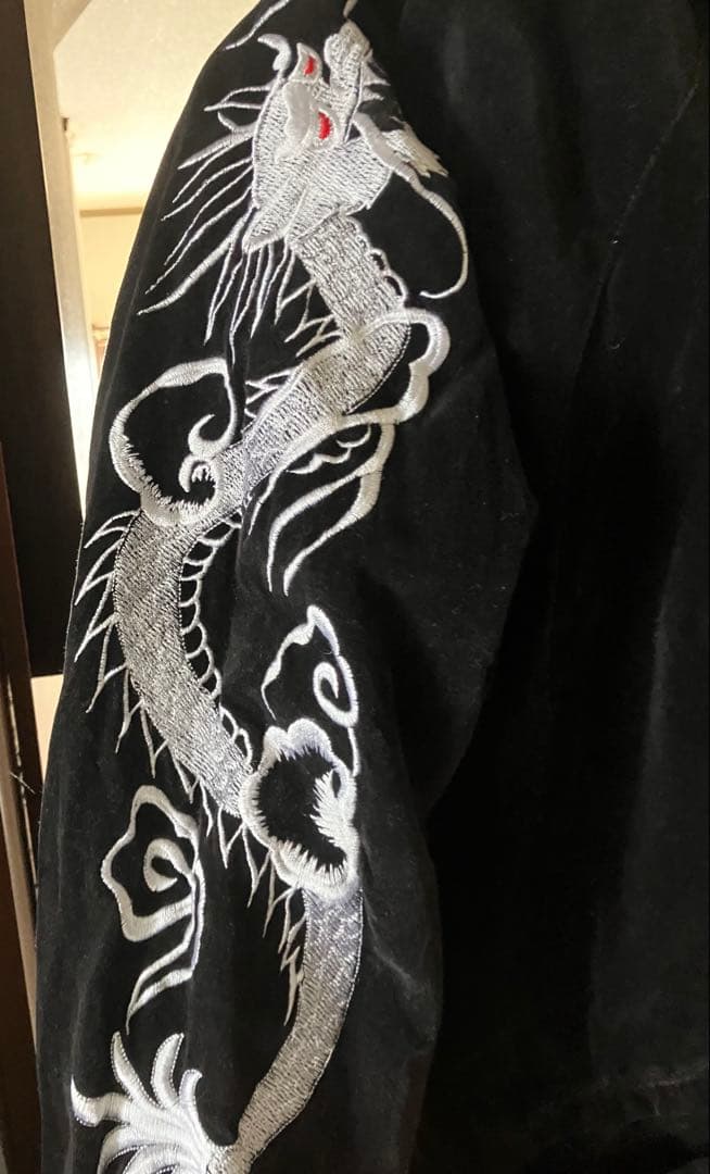 リバーシブルOpen Dich スカジャン ベロア 刺黒地 龍 ブルー虎刺繍M
