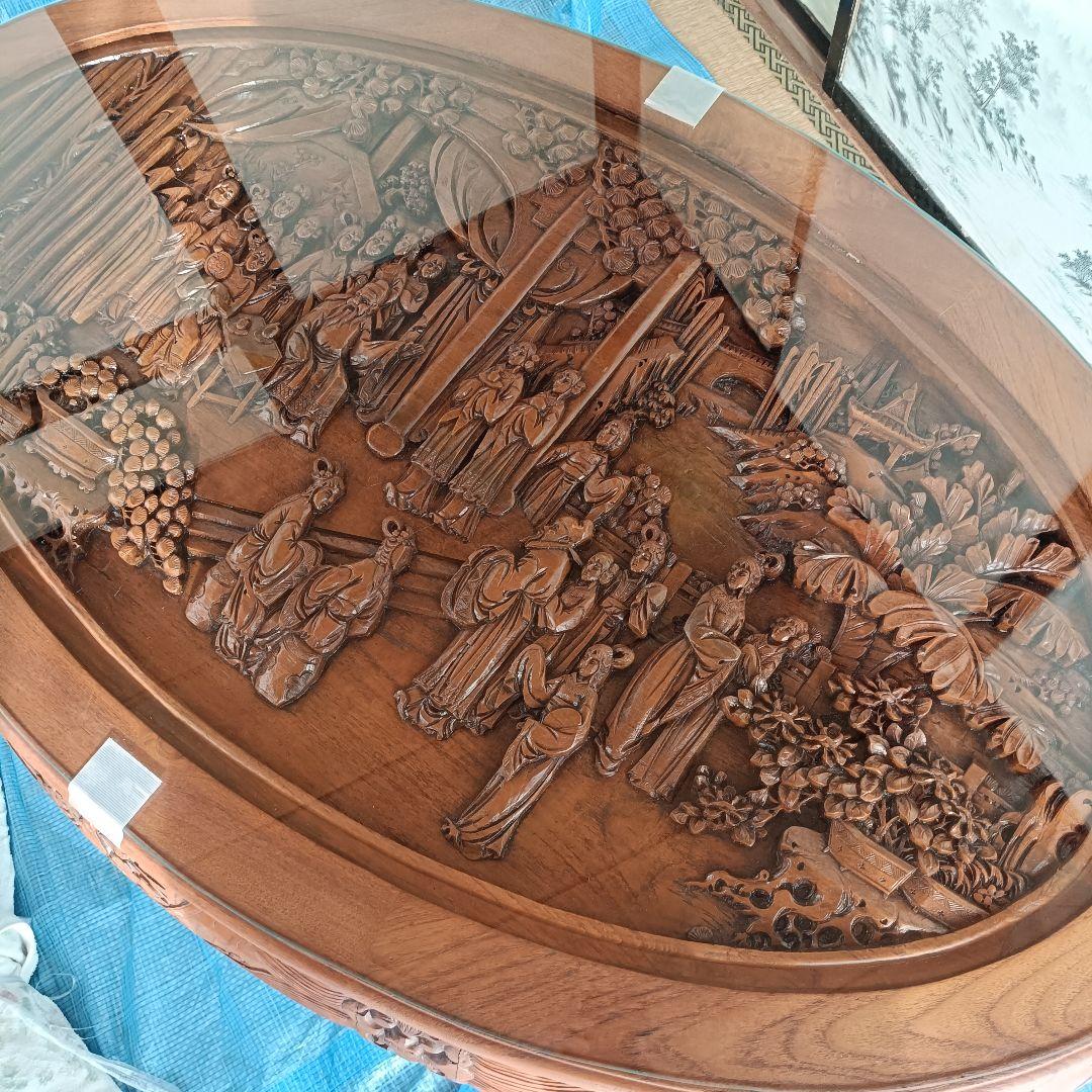 木彫り 座卓 ローテーブル 楕円 ガラス天板 中国美術 アンティーク　アジアン