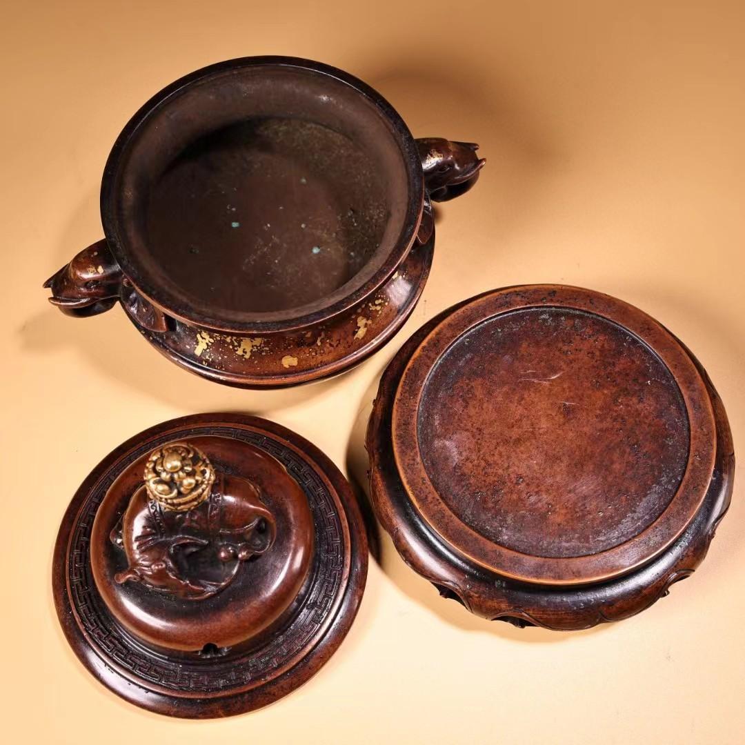 中国古美術・旧蔵鏨刻鍍金の熏香炉・純赤銅・純手作り・高浮彫・置物・茶道具・文房具