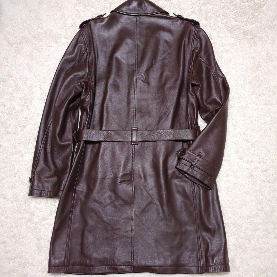 バーバリーブラックレーベル◆ラムレザー ノバチェック トレンチコート 濃茶 M