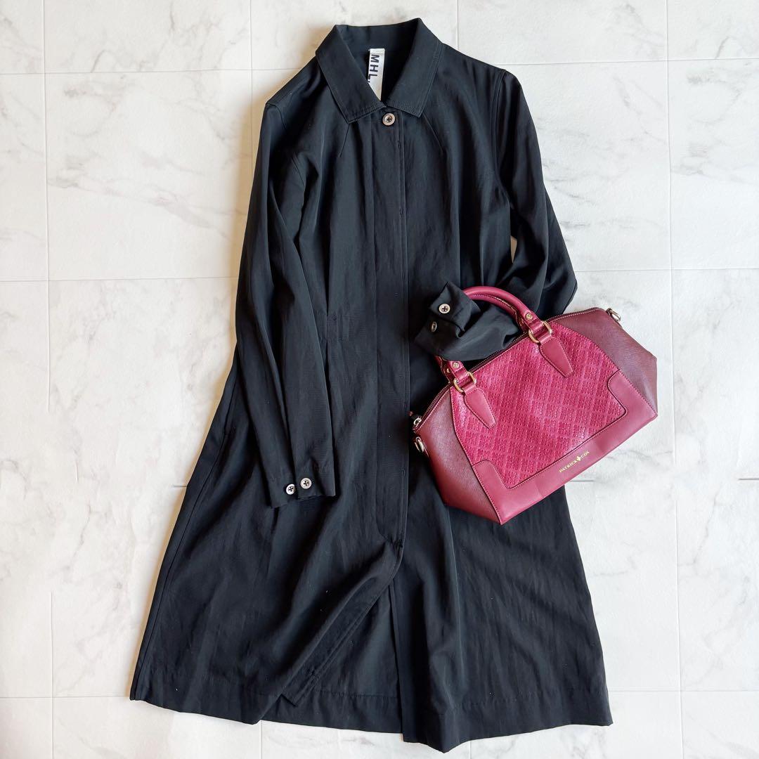 エムエイチエル ウールギャバ タックフレア前開き ワンピース コート ブラック