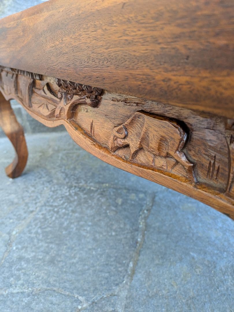 アジアンスタイル 木製彫刻テーブル ガラス天板付き