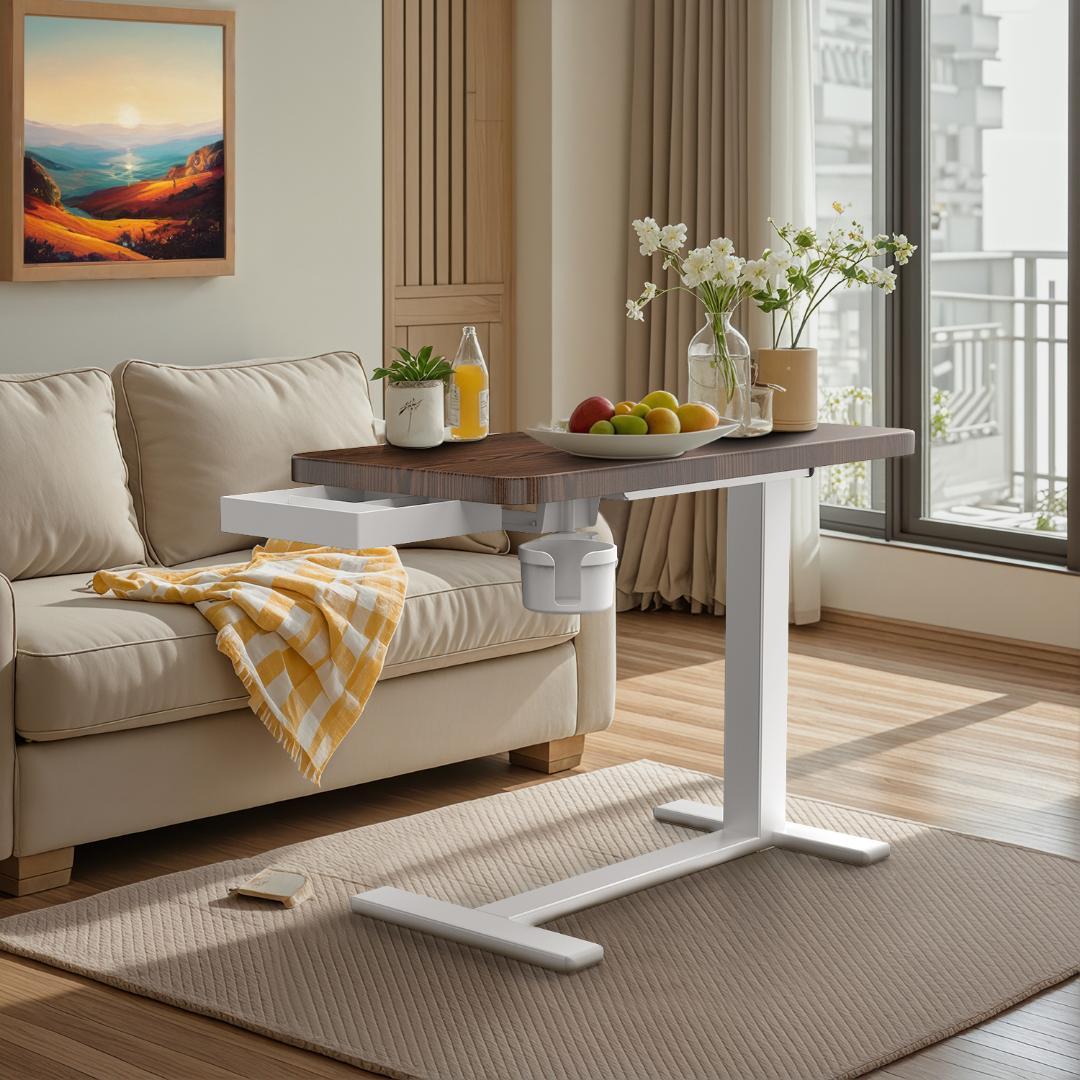 サイドテーブル昇降式 PCテーブル 介護テーブル引き出し付きカップホルダー付き