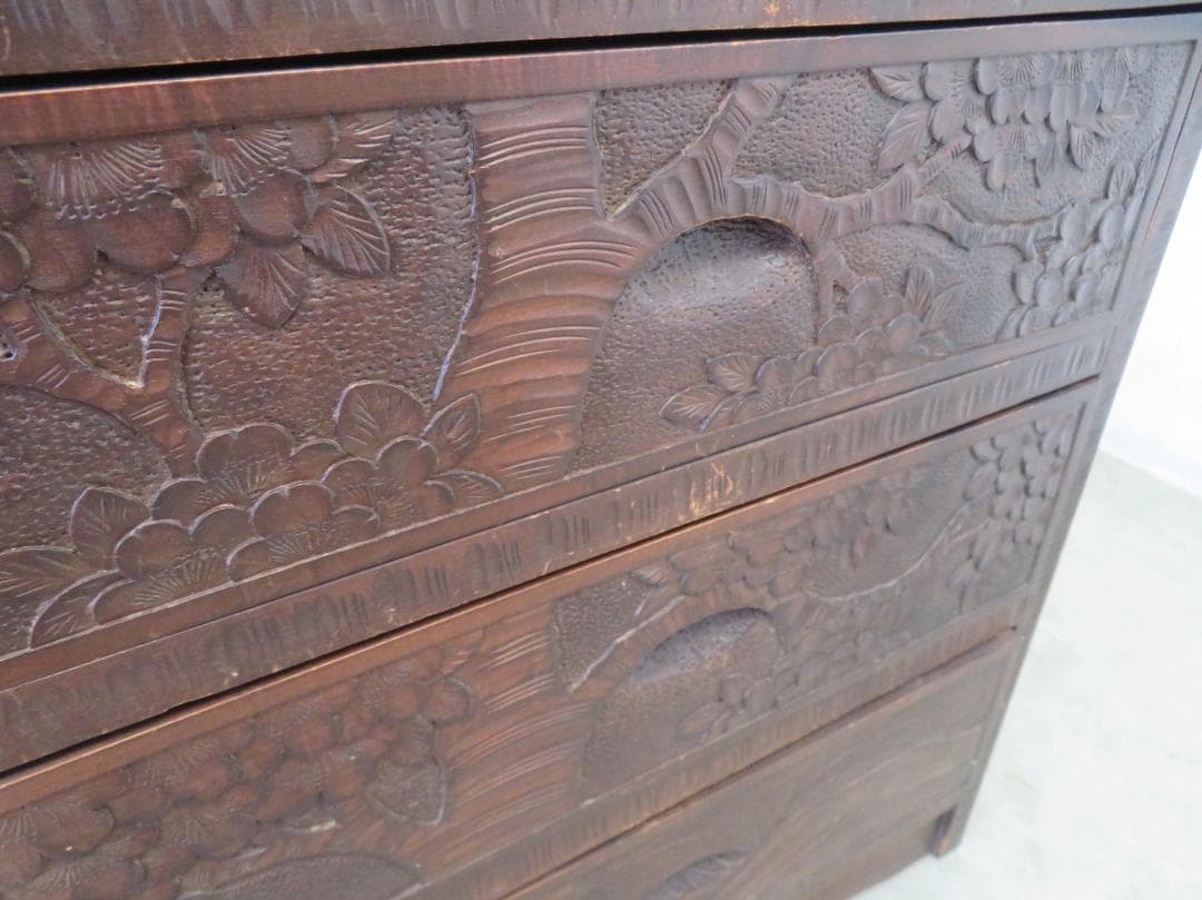 軽井沢彫■整理箪笥■4段5杯■チェスト■伝統工芸■高級■桜吉野柄■彫刻■手彫り■