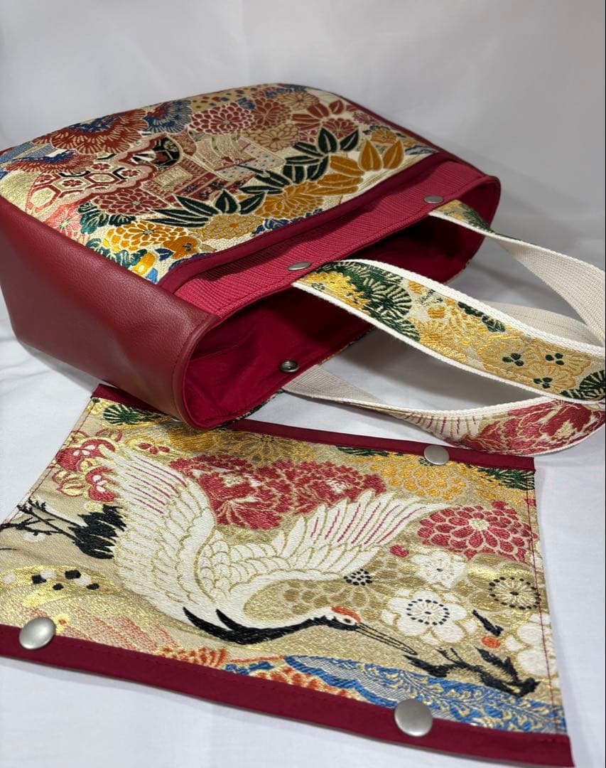 帯バッグリメイク　775番　ボート型持ち手タイプ　被せ蓋付き