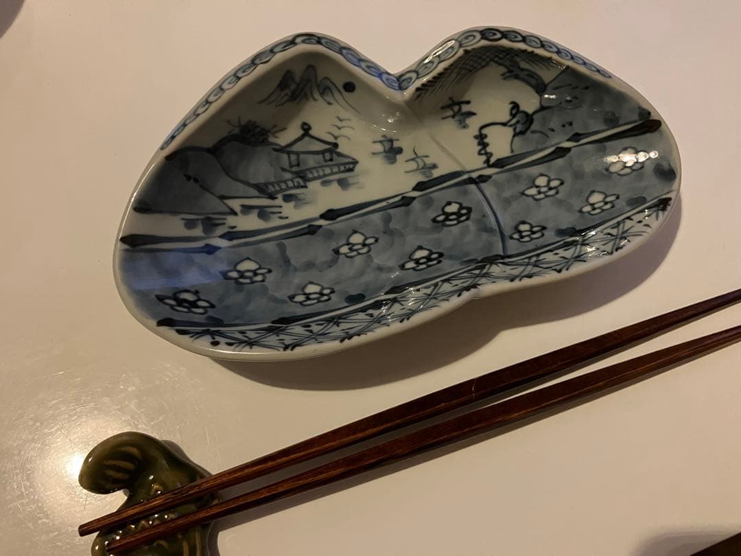 【龍門窯】染付山水 合わせ貝 三つ足 向付5枚揃