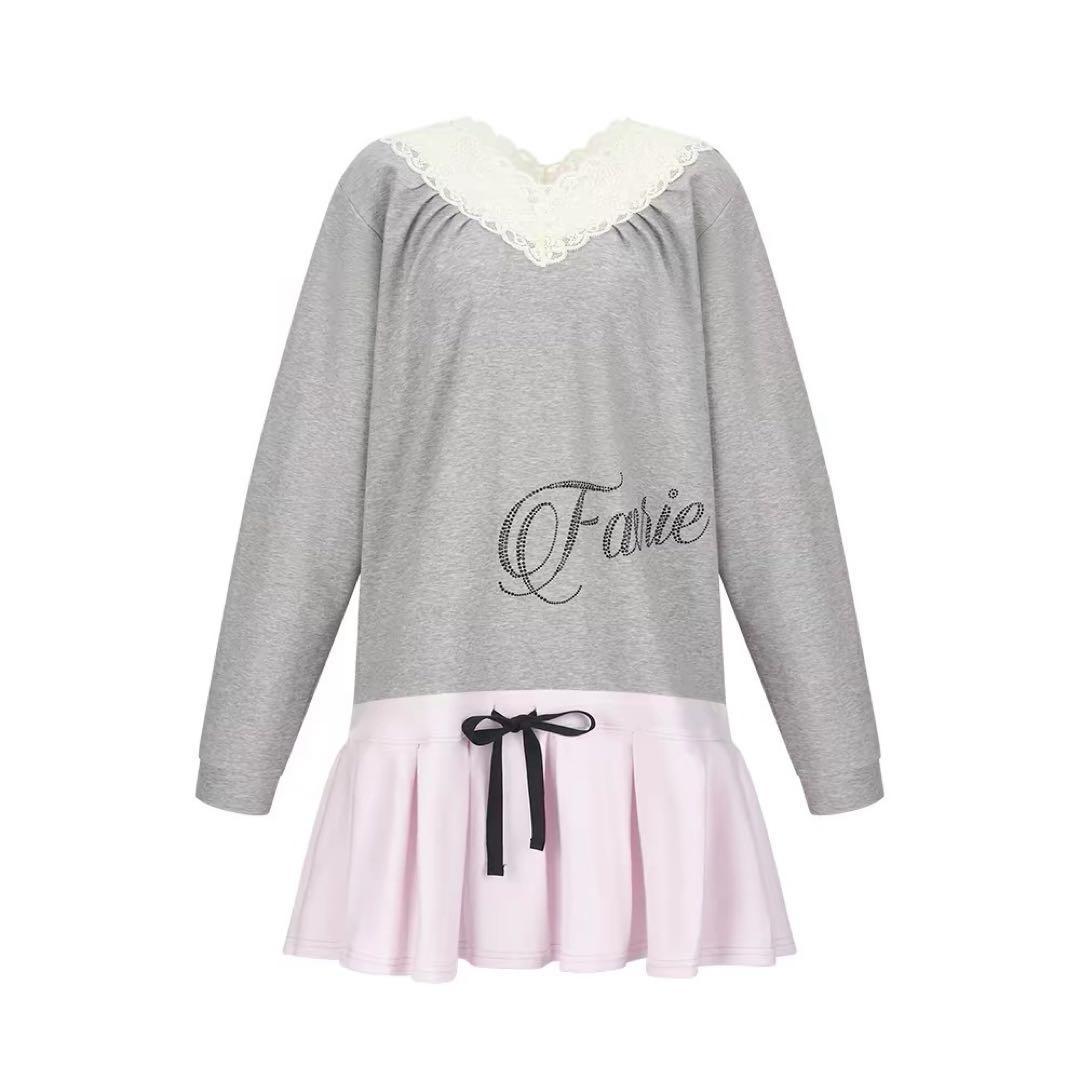 faerie レースVネック　プリーツドレス　ピンク