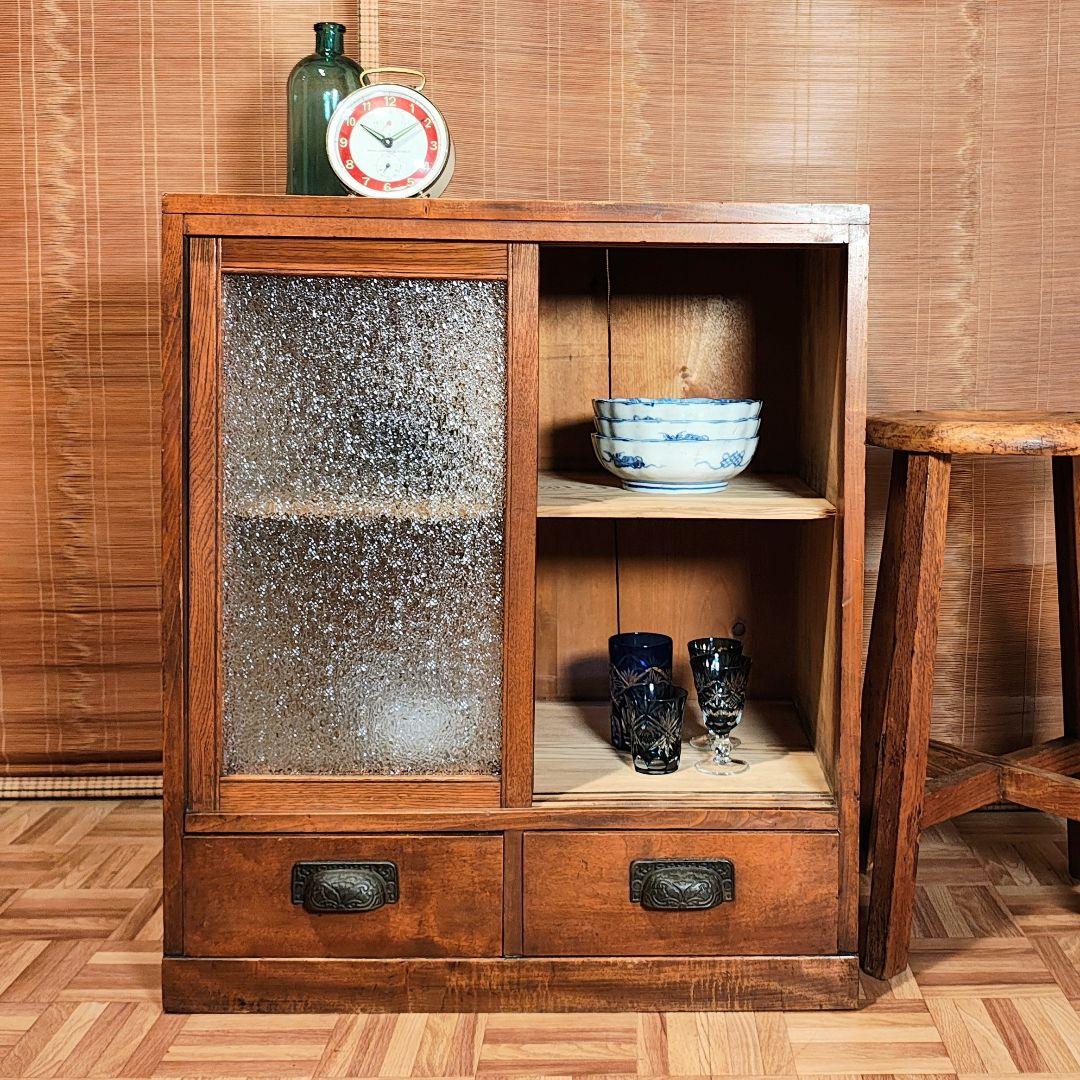 食器棚　ダイヤガラスの棚　昭和レトロ　古家具