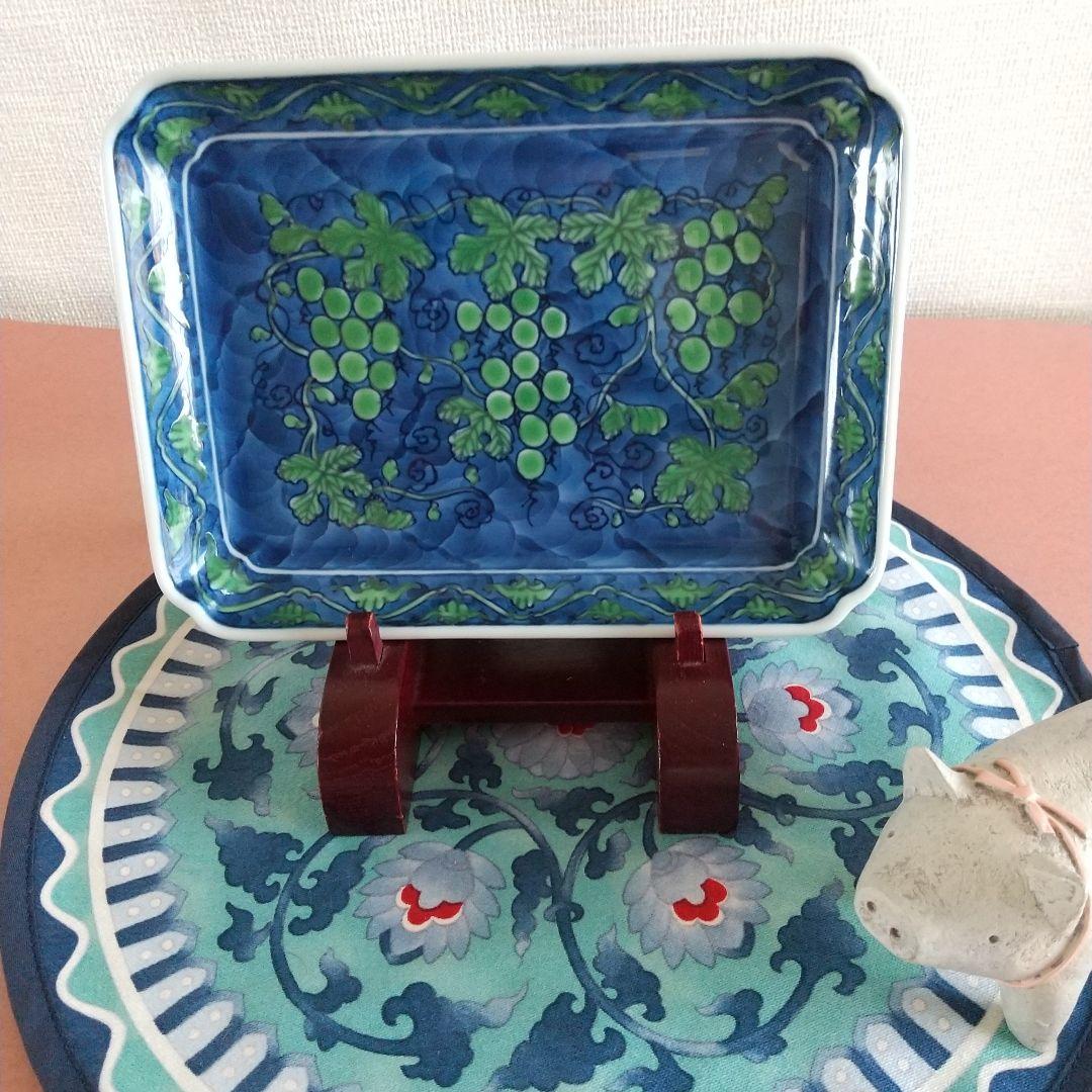 源右衛門窯⭐️緑彩葡萄絵 の角銘々皿