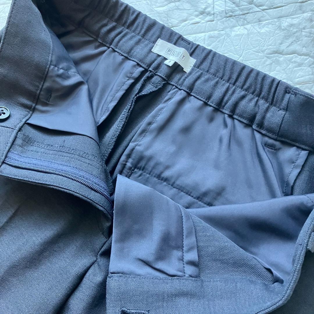 美品◎PLST スーツ セットアップ ノーカラー パンツ リネン混 ネイビー 紺