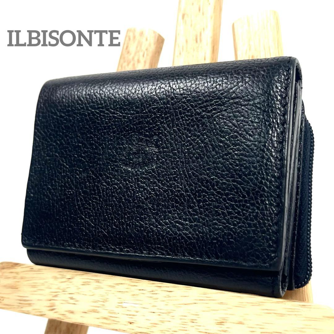 イルビゾンテ　三つ折り財布　トリフォルド　オールレザー　ロゴ型押し　ブラック
