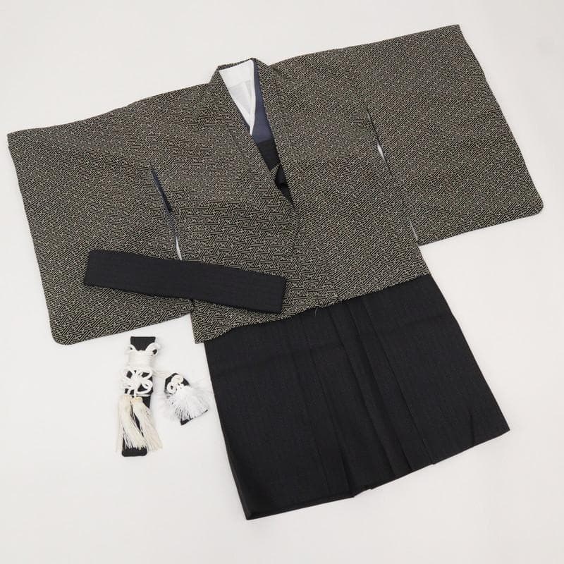 七五三羽織袴着物セット＊男児　3歳～　シンプル 紗綾 黒 灰青 化繊 9RH15