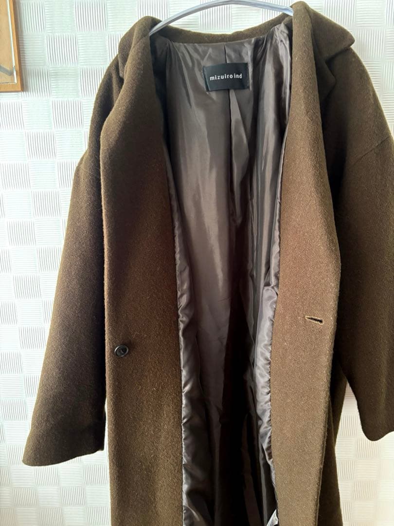 ミズイロインド　ウールブレンドスタンドカラーコート　カーキ　美品