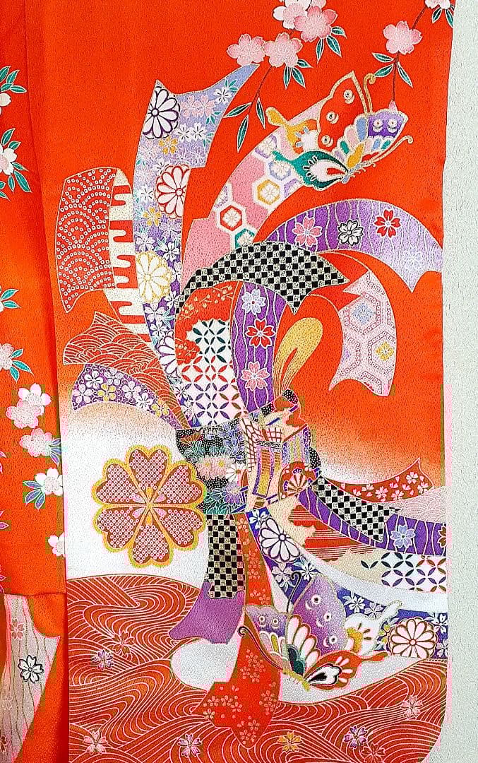 七五三 7歳 着物 結び帯セット 赤 12点フルセット 蝶★女の子 化繊