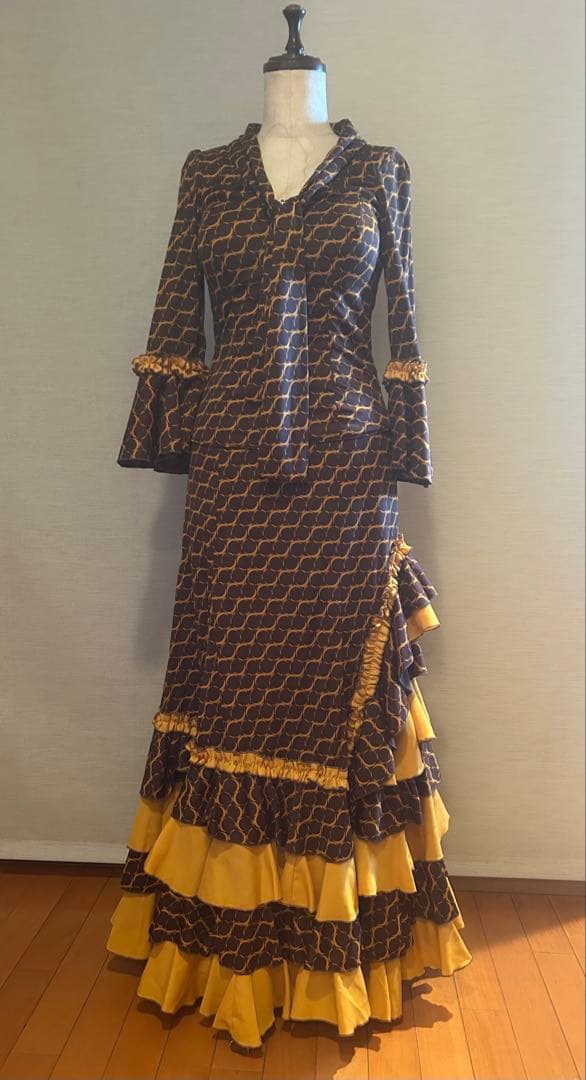 フラメンコ衣装ペチコート付き3点セット焦げ茶×辛子手作り中古美品