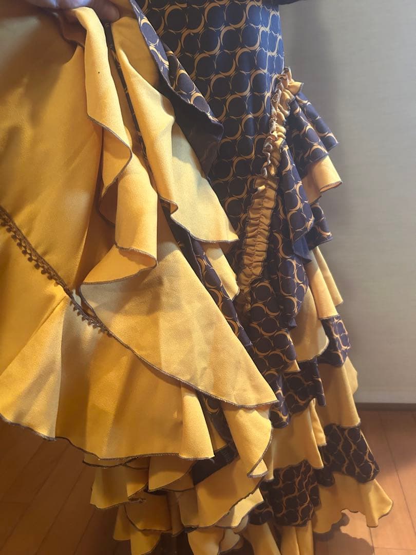 フラメンコ衣装ペチコート付き3点セット焦げ茶×辛子手作り中古美品