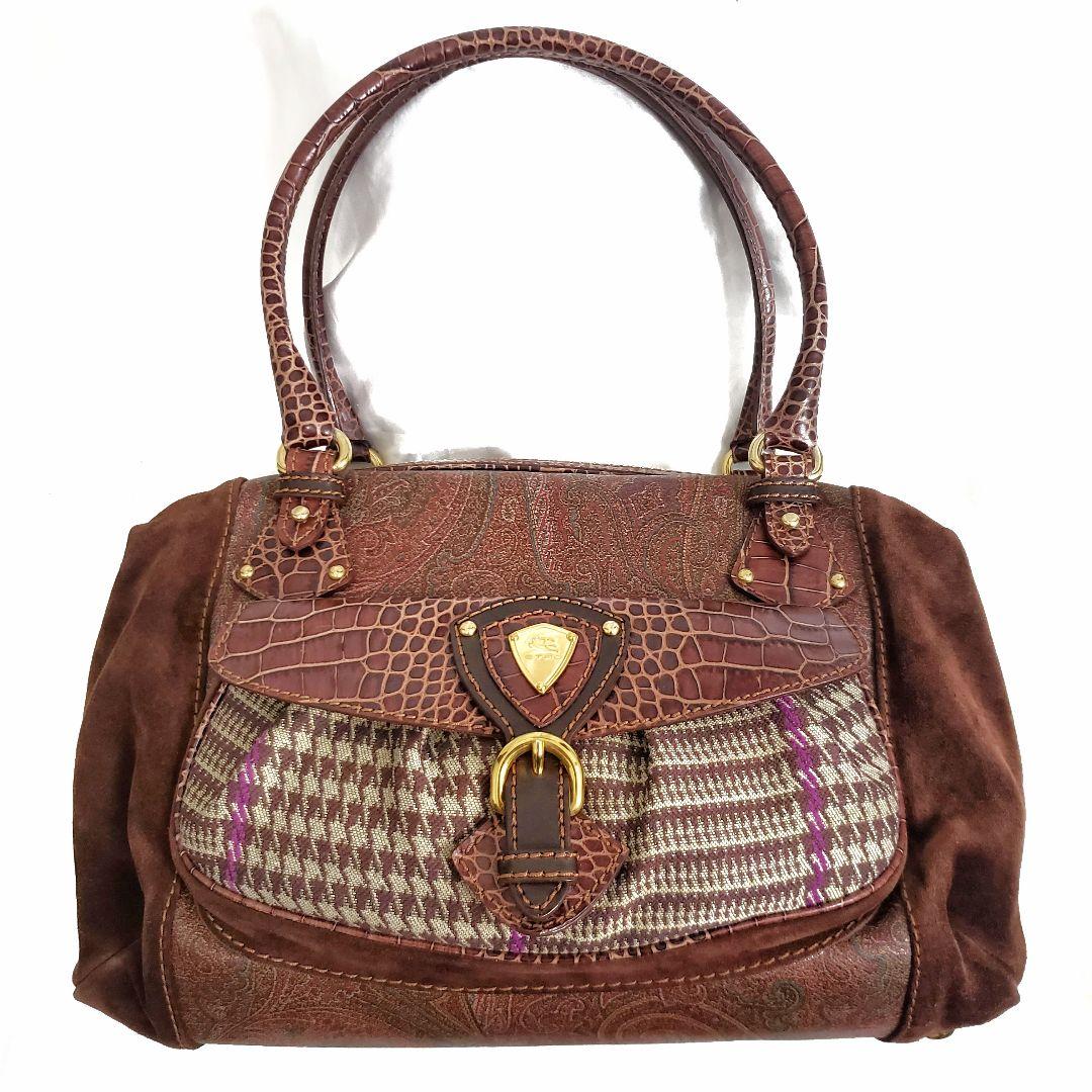 美品✨ETRO ボストンバッグ ロゴ金具 クロコ型押し・PVC切替え ペイズリー