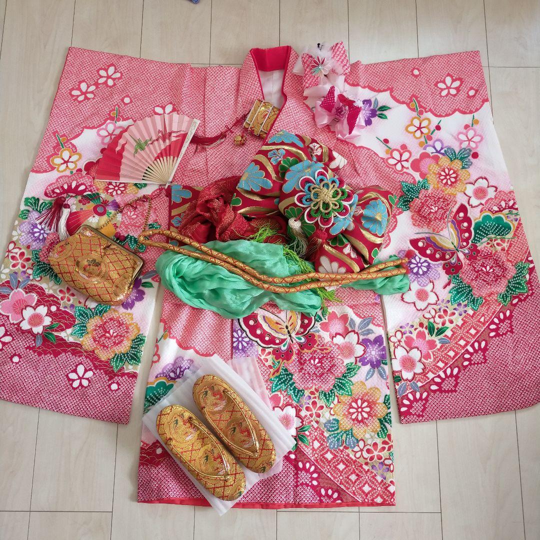 七五三用 赤系 花柄 華やか着物 振袖 小物 草履 7歳女の子 可愛い レトロ