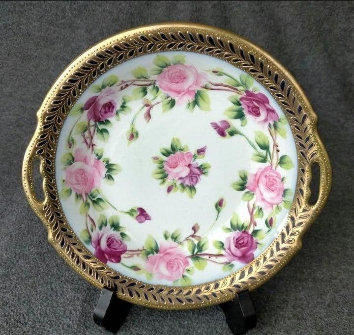 オールドノリタケ コバルト 金彩点盛り薔薇絵皿」