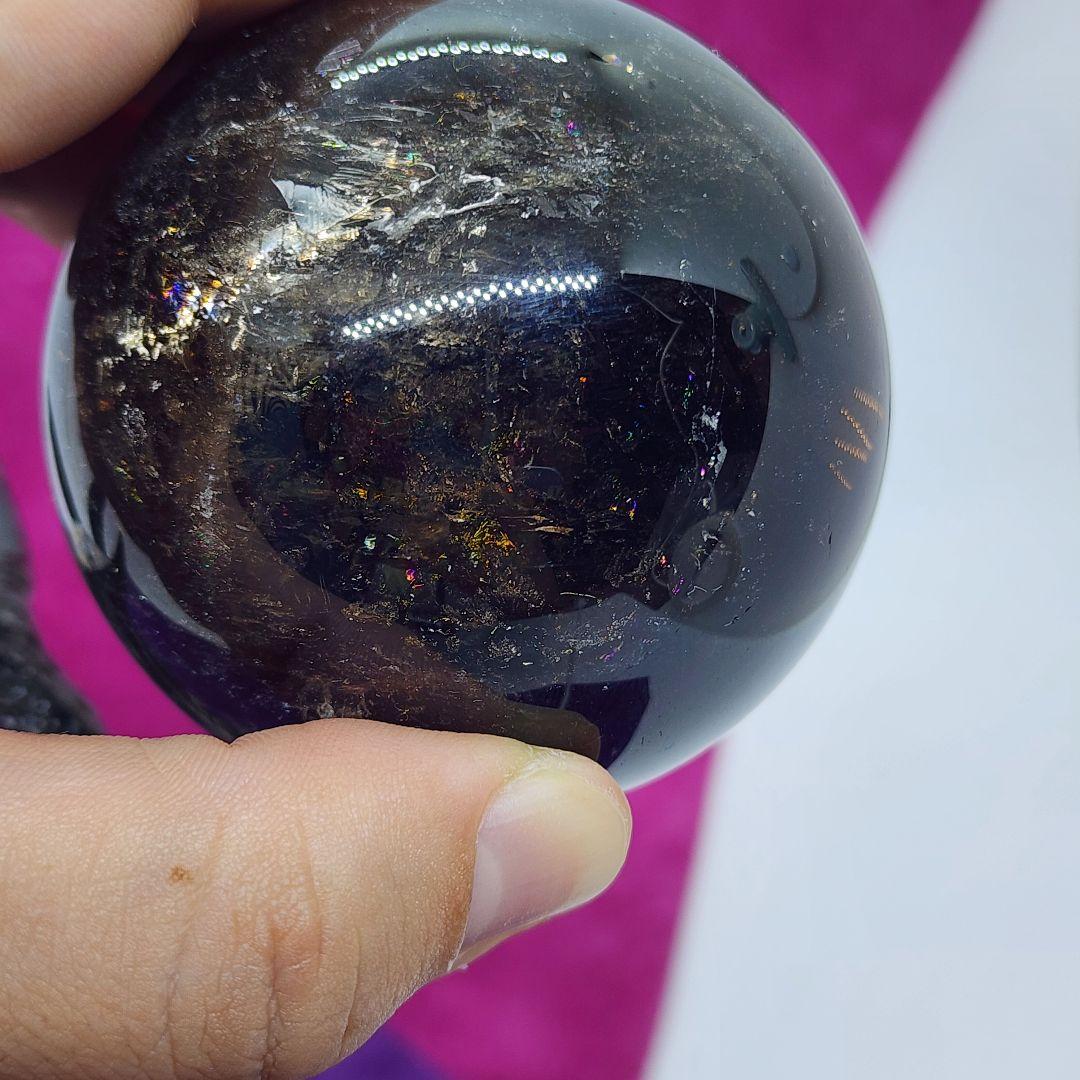 天然スモーキーモリオン スフィア約6.5cm◆最強魔除けと浄化◆光る台座付