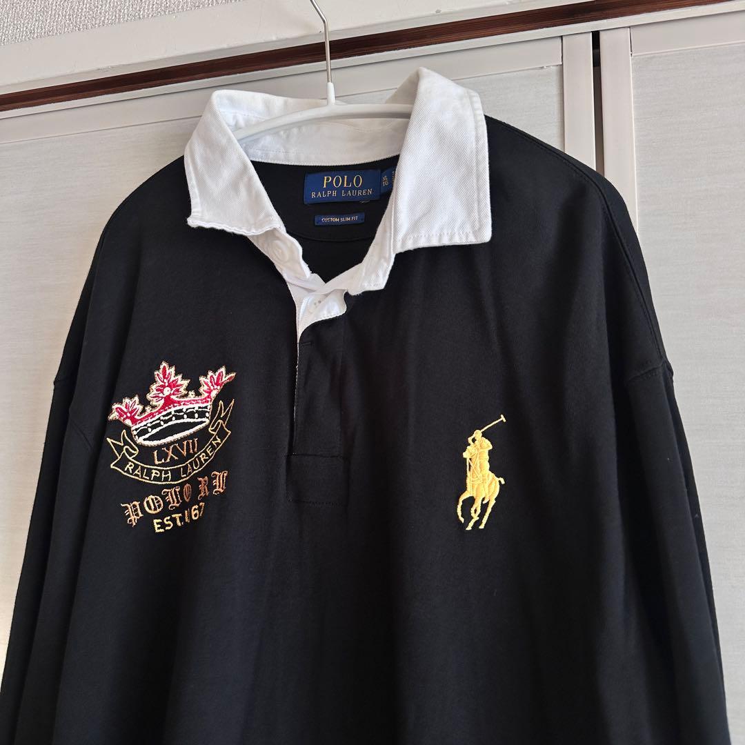 【ポロラルフローレン】ラガーシャツ ブラック　ゴールド 刺繍 ビッグポニー XL
