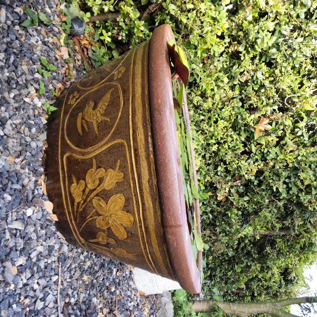 睡蓮 甕 陶器製 花模様 メダカ