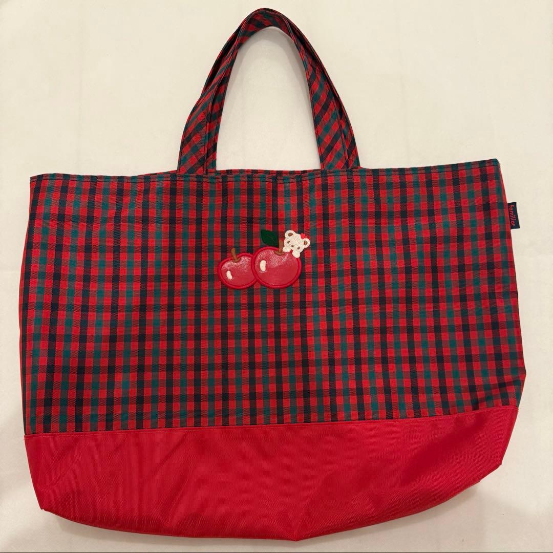 【美品】familiar 赤チェック　トートバッグ　旧デザイン