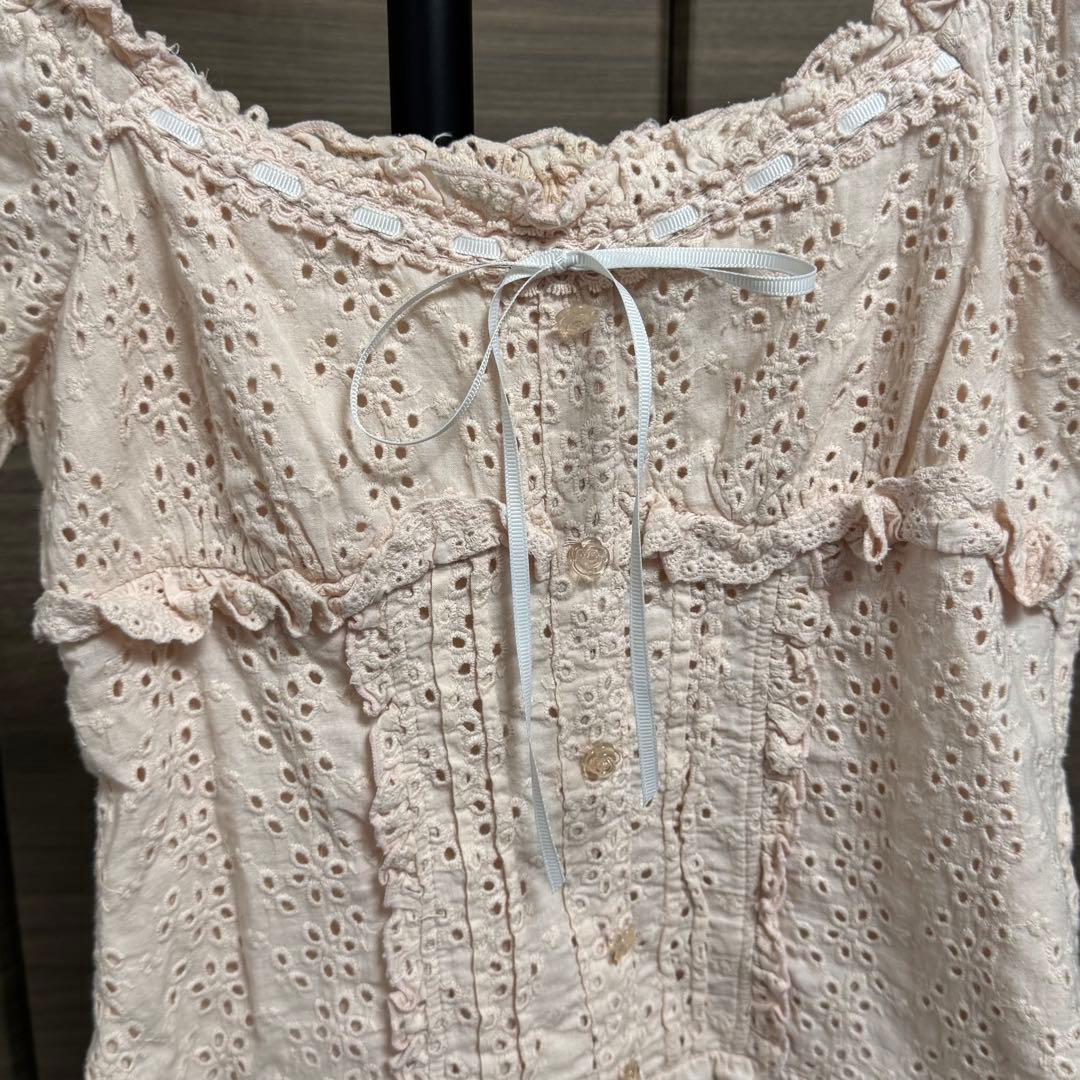 00s LIZLISA リボンフリルコットンレース2wayパフトップス 姫カジ