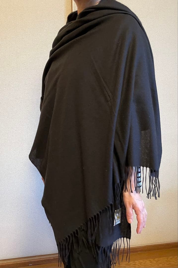 サンプル品在庫処分 カシミア100% フリンジ付きストール ブラック 大判