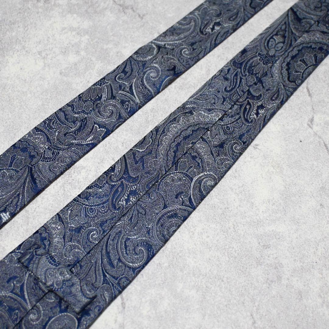 【未使用級】 ETRO エトロ ペイズリー ネイビー シルバー ネクタイ
