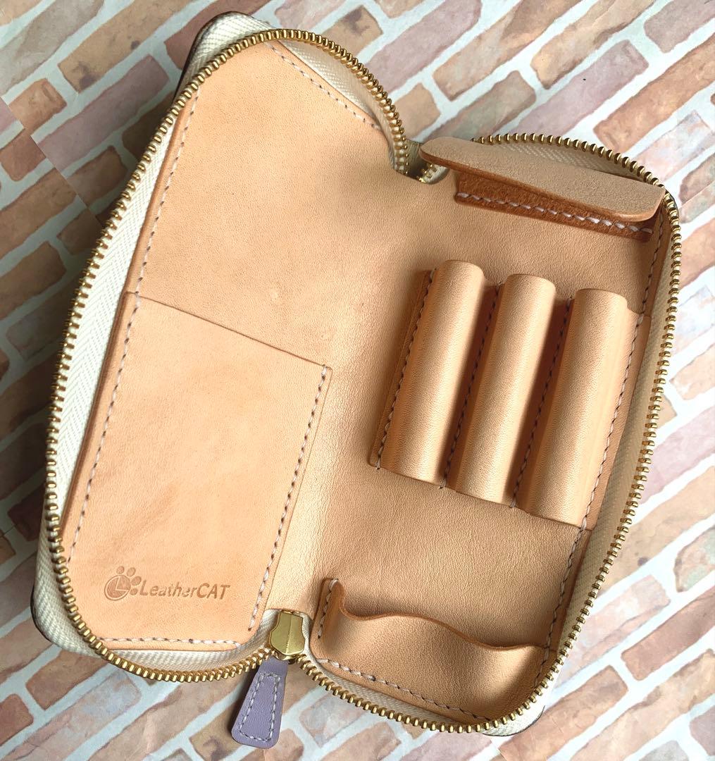 本革 3本挿しラウンドファスナーペンケース パープル 姫路レザー 手縫い