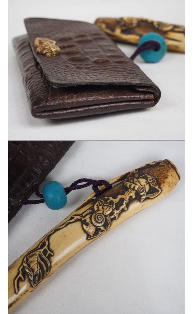 aunkyo送料無料　『正秋』造　本金金具煙草入　銀製象嵌煙管鹿角彫煙管入