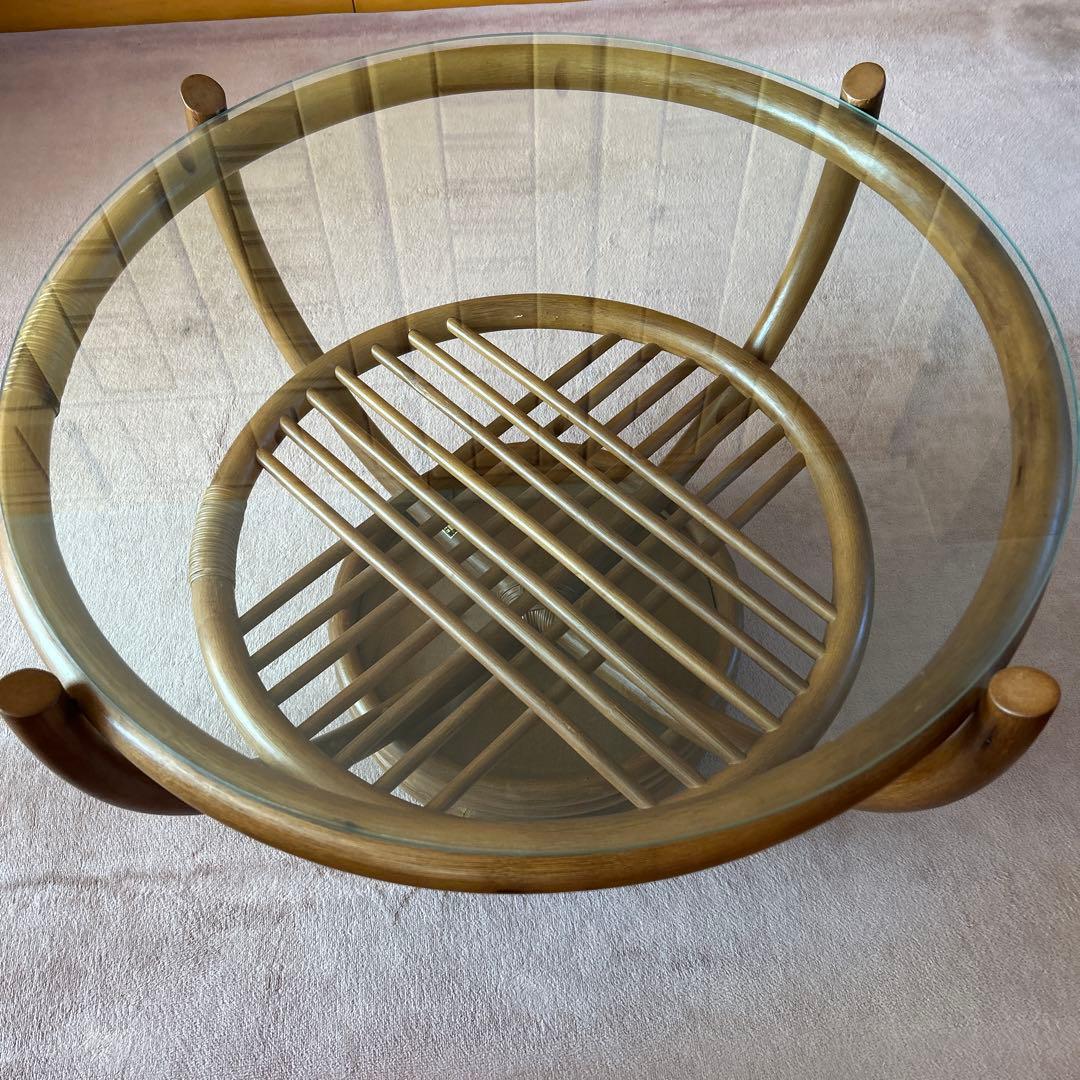 ラタンのテーブル ガラス天板 直径81cm ガラス直径73cm 高さ50cm