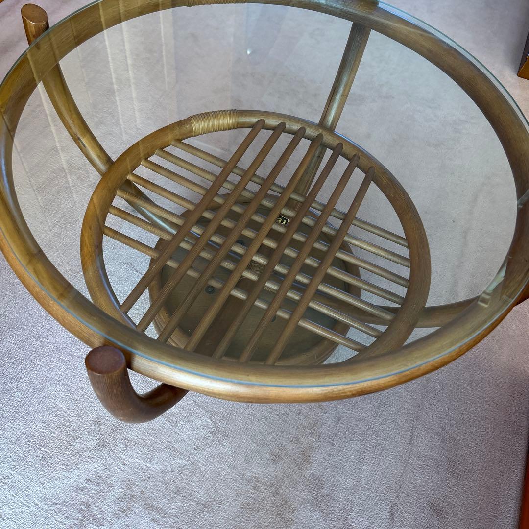 ラタンのテーブル ガラス天板 直径81cm ガラス直径73cm 高さ50cm