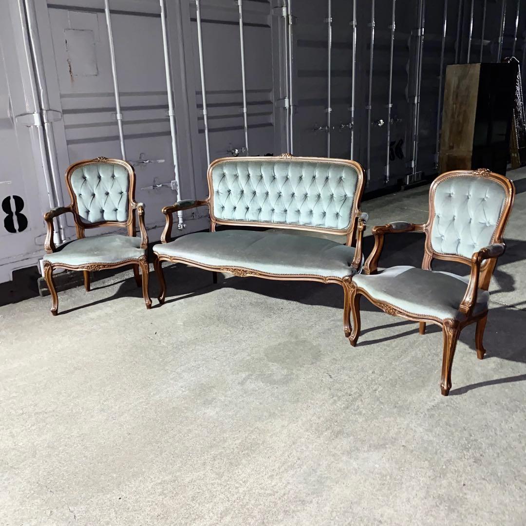 イタリア発！ブルーグレーが素敵 アンティーク ロココ調 ソファ 2人掛け