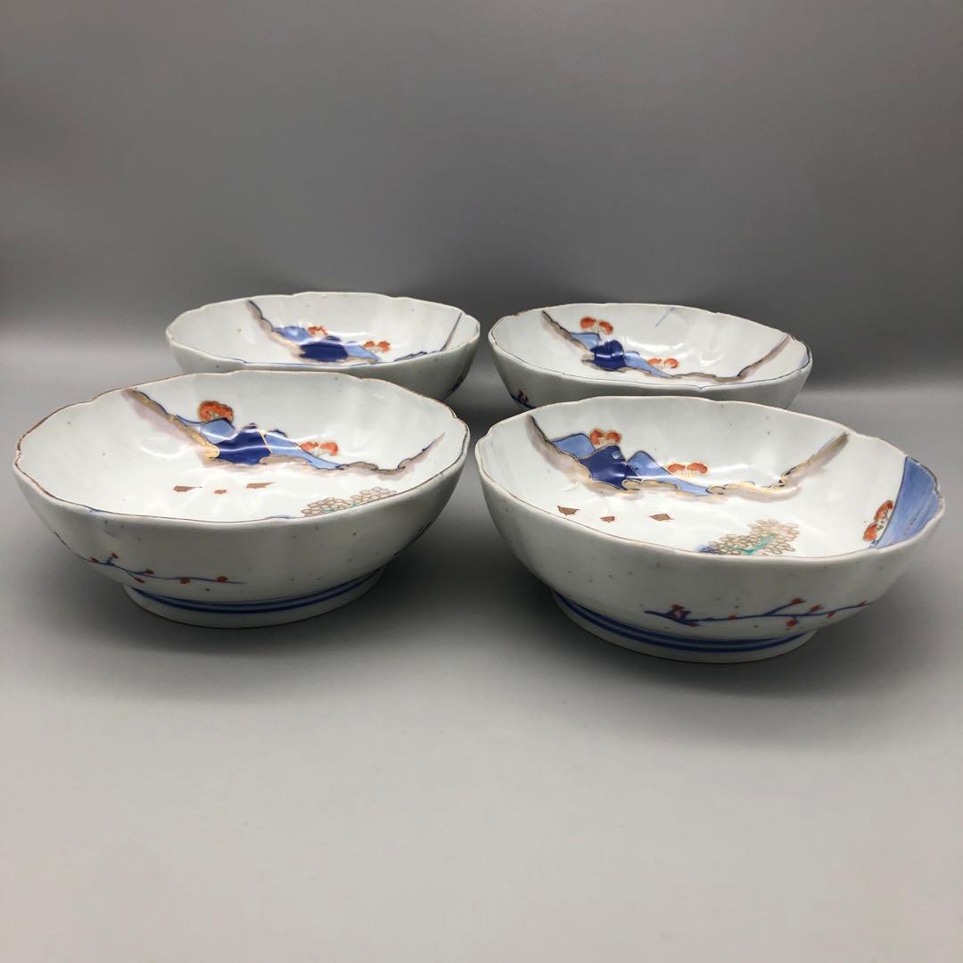 明治旧家蔵出し古伊万里富士山金彩鉢ボウルなます皿15cm4個アンティーク食器