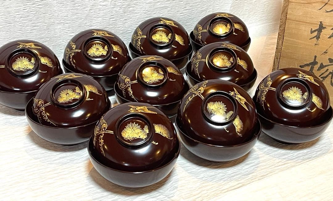 木製漆器 吸物椀 10客　金蒔絵 骨董 時代物 アンティーク②150