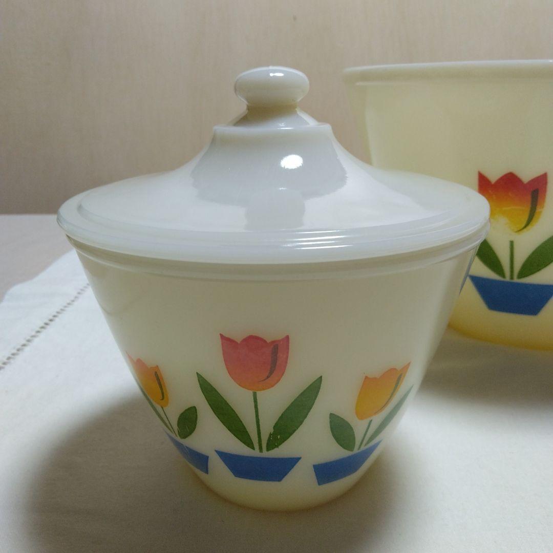 ヴィンテージFire King チューリップ柄 グリースジャー·アイボリー