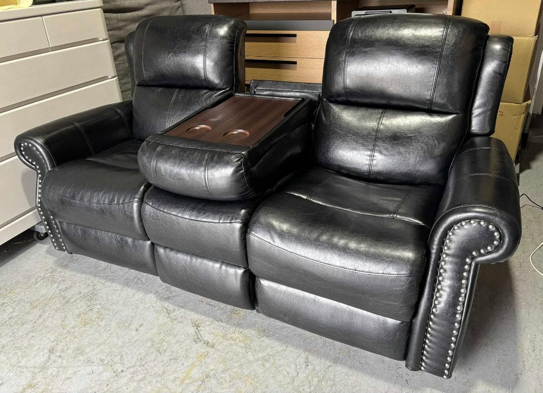 おしゃれ 電動リクライニングソファ3人掛けレザーソファ幅190cmUsed/美品